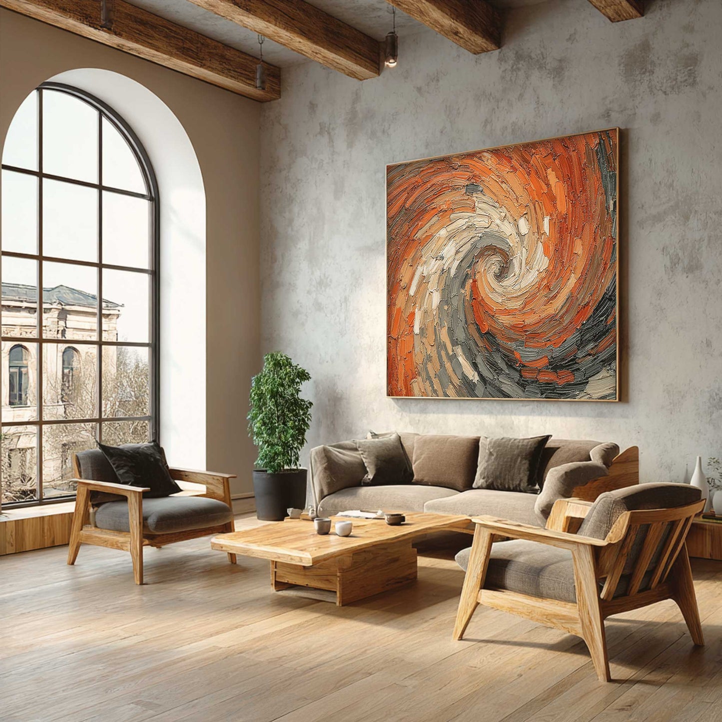 Modern terracotta and orange abstract swirl canvas wall painting with a heavy textured look for contemporary Indian home decor