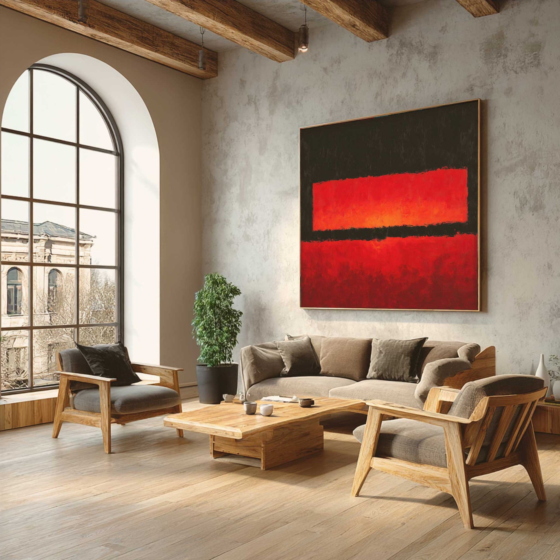 Crimson red abstract canvas painting for living room wall decoration above a modern sofa."