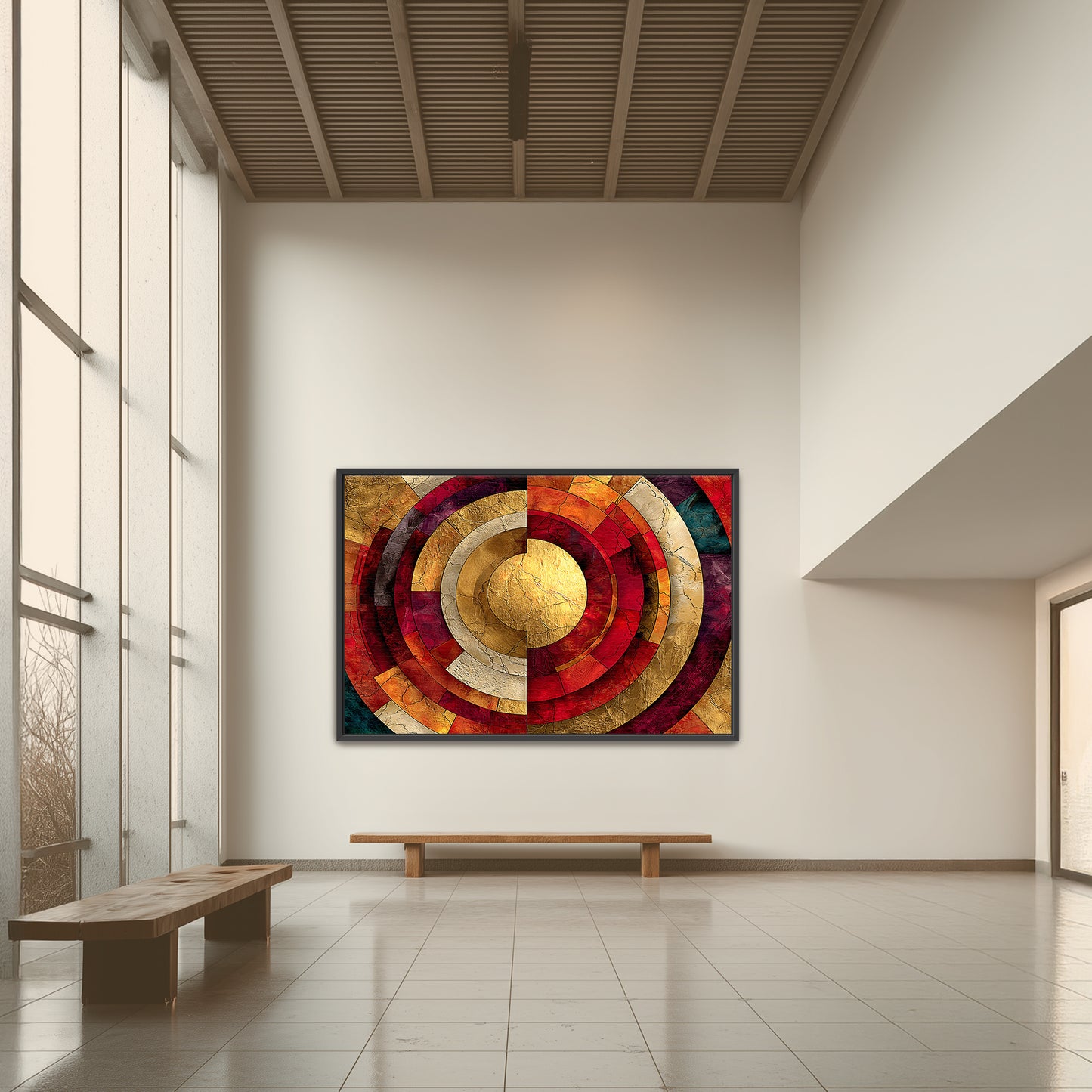 Luxury red and golden yellow color sun mandala canvas wall painting for premium Indian home decor and positive Vastu placement hanging in meditation room