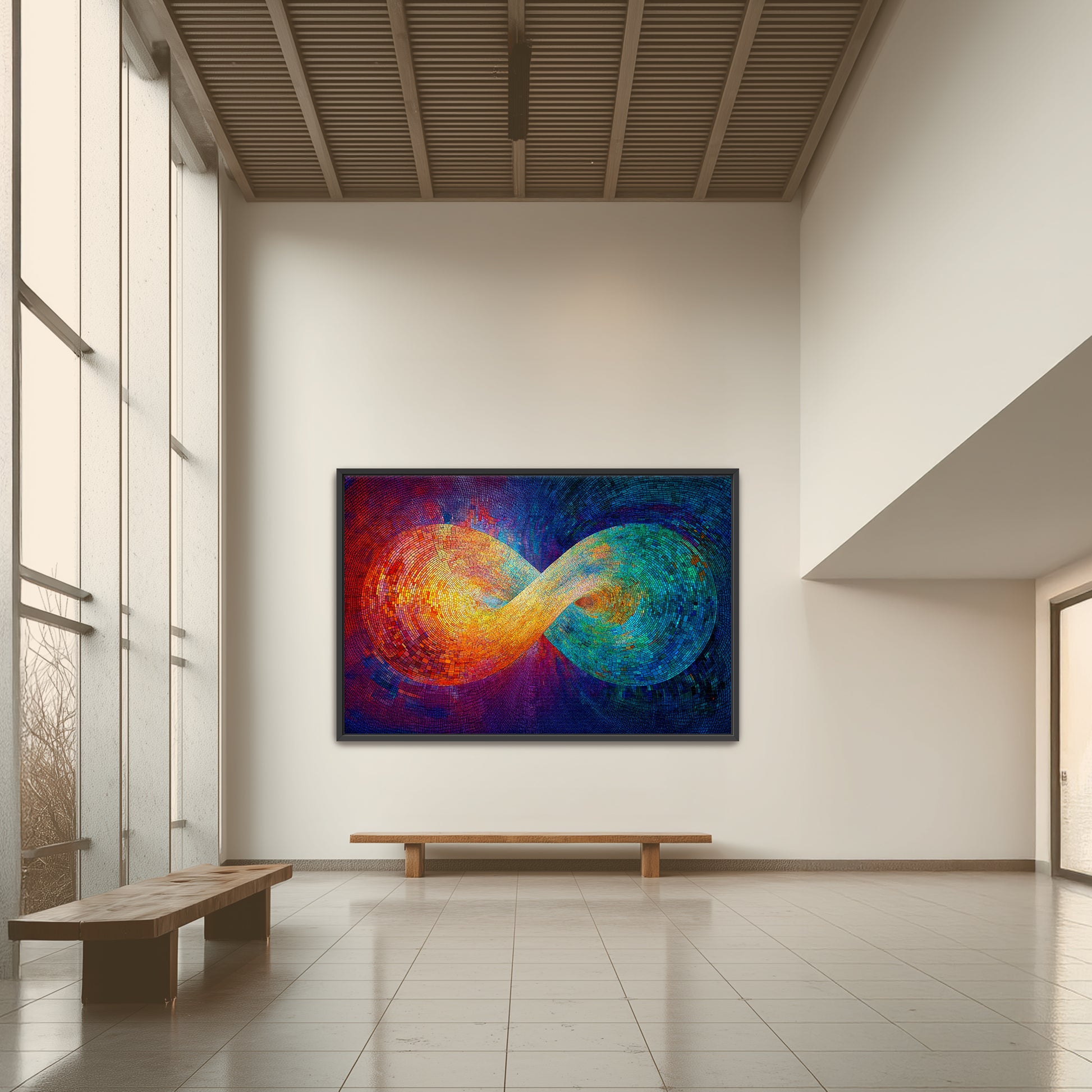 Vibrant rainbow infinity loop canvas painting representing Ananta cosmic energy for premium Indian home decor.