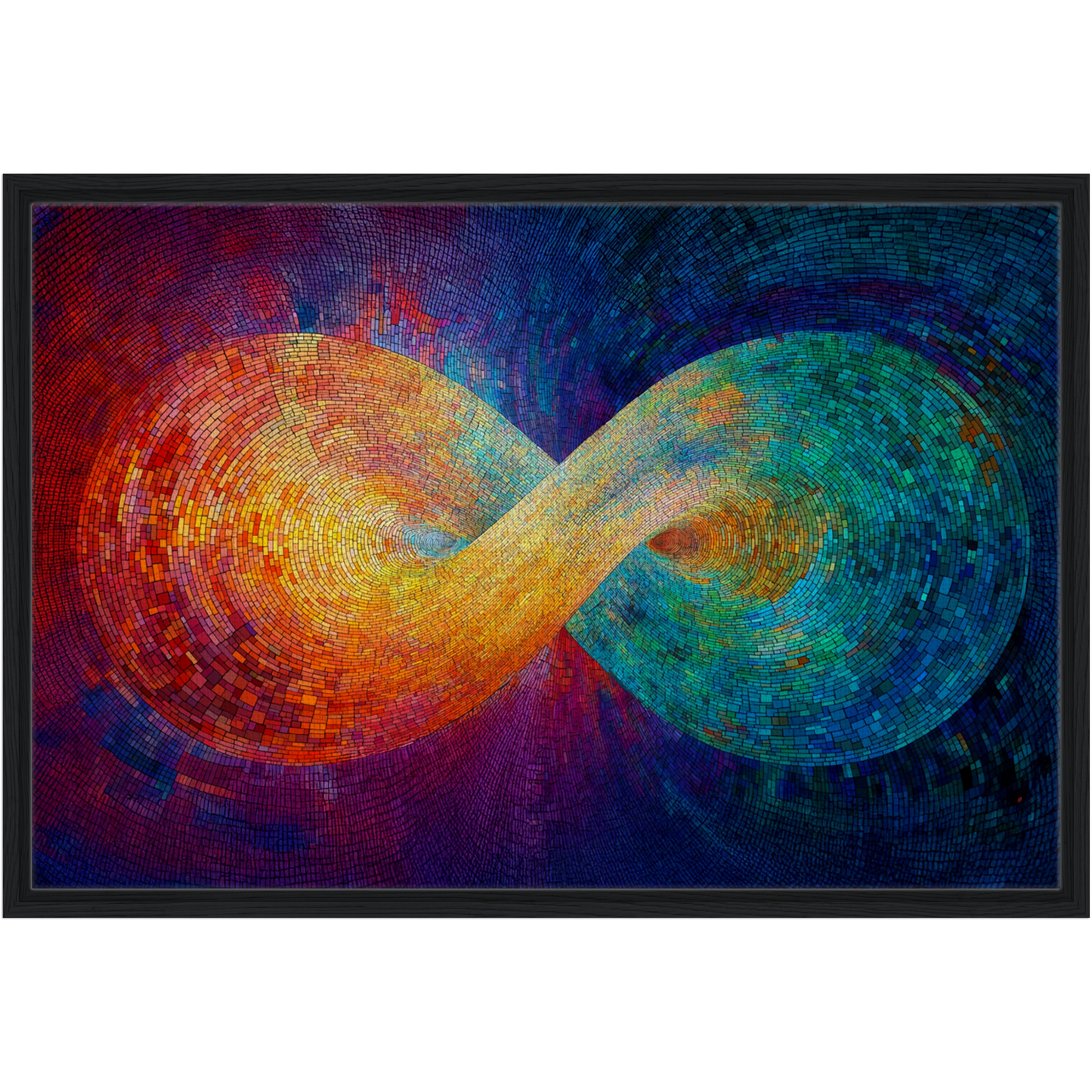 Black framed canvas print of a luminous rainbow infinity loop in a sacred geometry design hanging on a dark wall