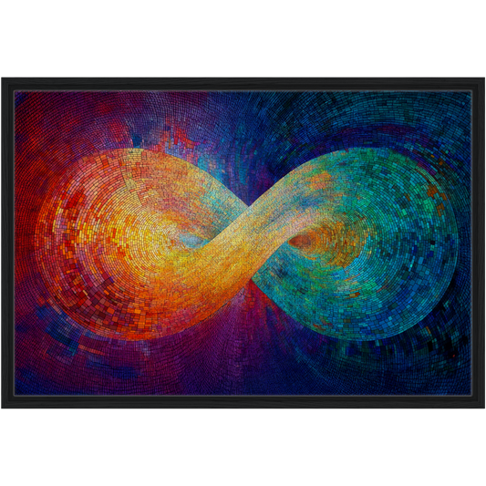 Black framed canvas print of a luminous rainbow infinity loop in a sacred geometry design hanging on a dark wall