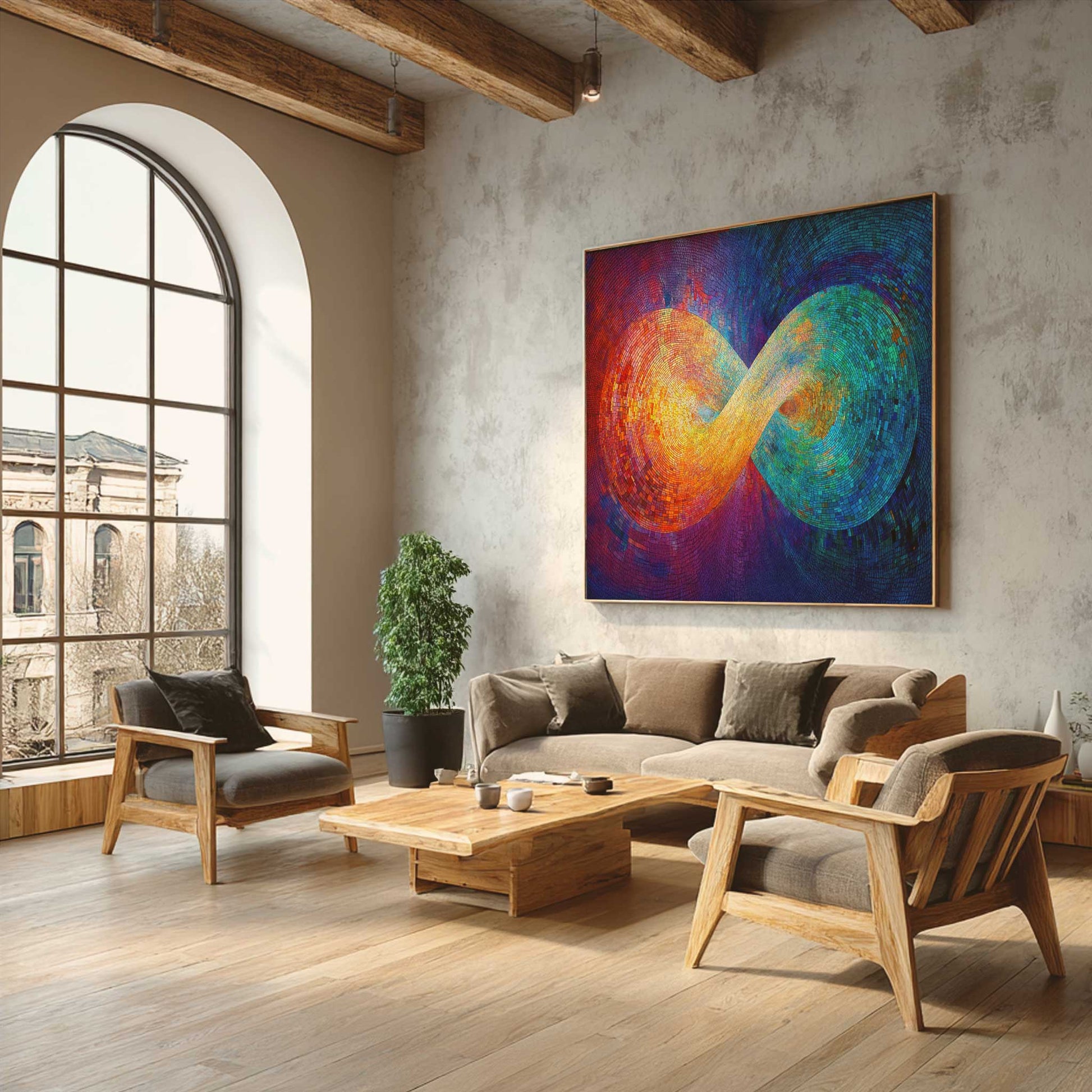 Vibrant rainbow infinity loop canvas painting representing Ananta cosmic energy for premium Indian home decor.