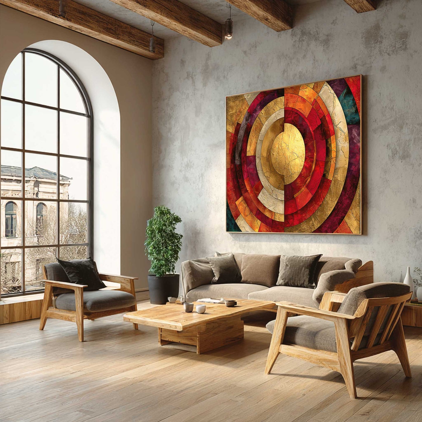 Luxury red and golden yellow color sun mandala canvas wall painting for premium Indian home decor and positive Vastu placement luxury living room..