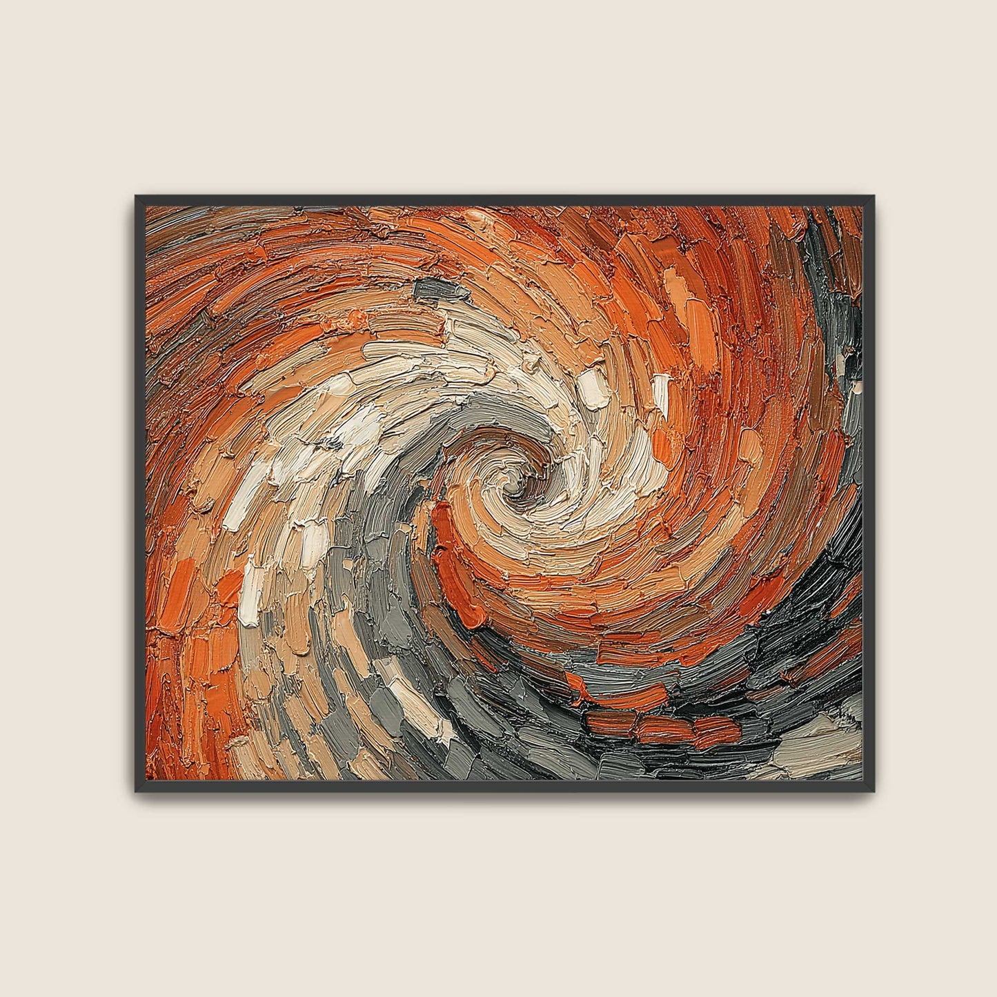 Modern terracotta and orange abstract swirl canvas wall painting with a heavy textured look for contemporary Indian home decor