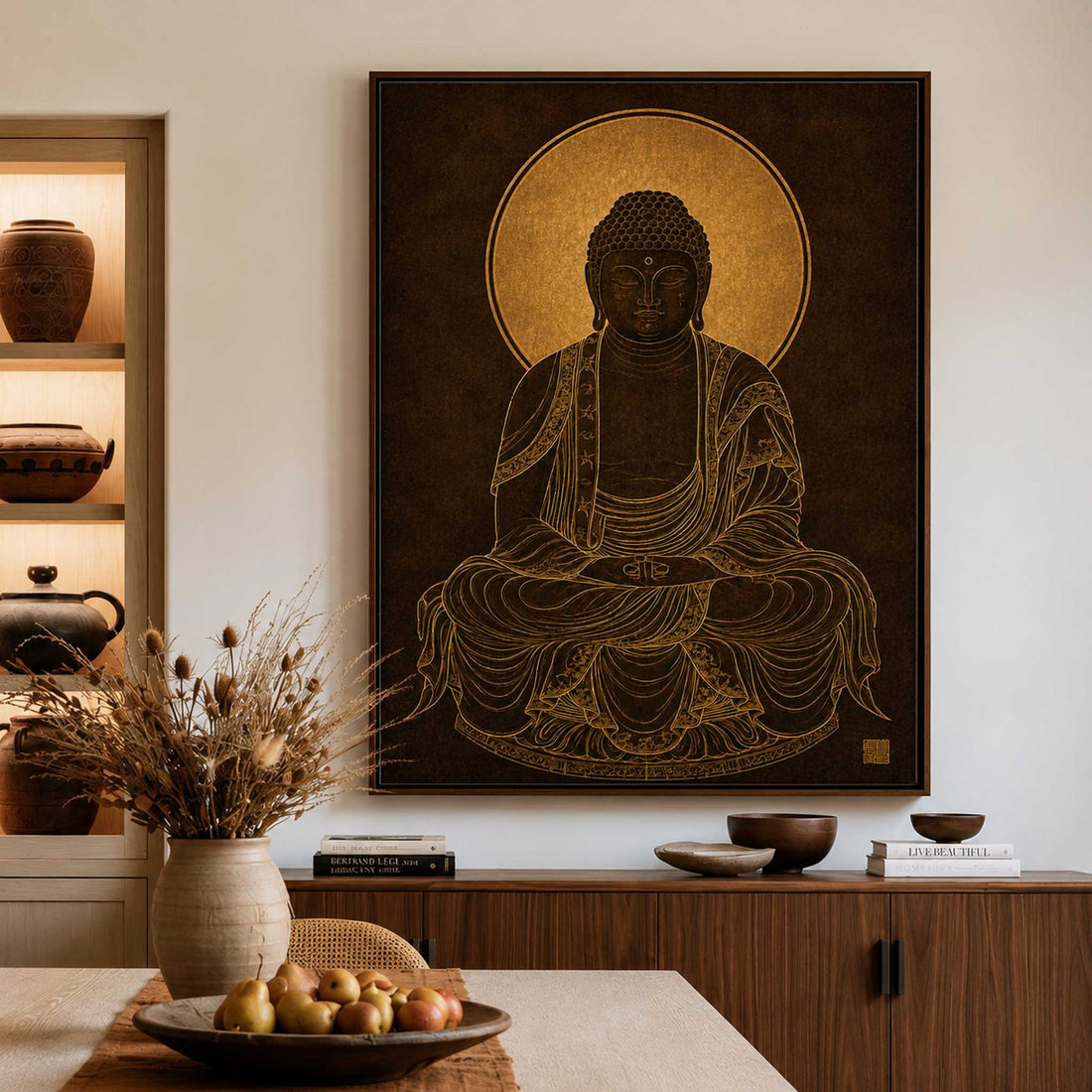 Modern black and golden yellow color meditating Buddha canvas wall painting for premium entrance wall decoration and Vastu placement.