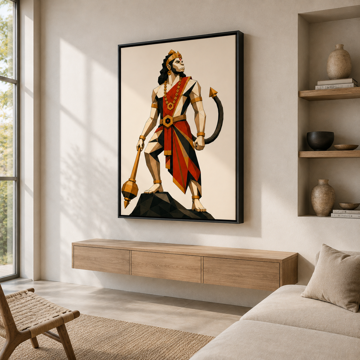 The Immortal Lord Hanuman canvas wall art print for home decor, showing the deity in a majestic warrior pose.