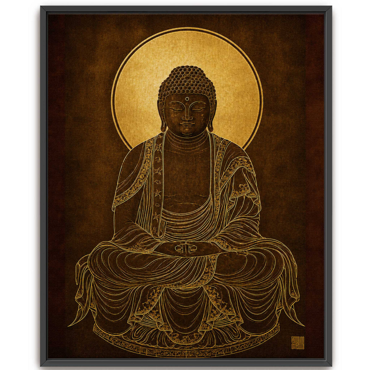 Modern black and golden yellow color meditating Buddha canvas wall painting for premium entrance wall decoration and Vastu placement.
