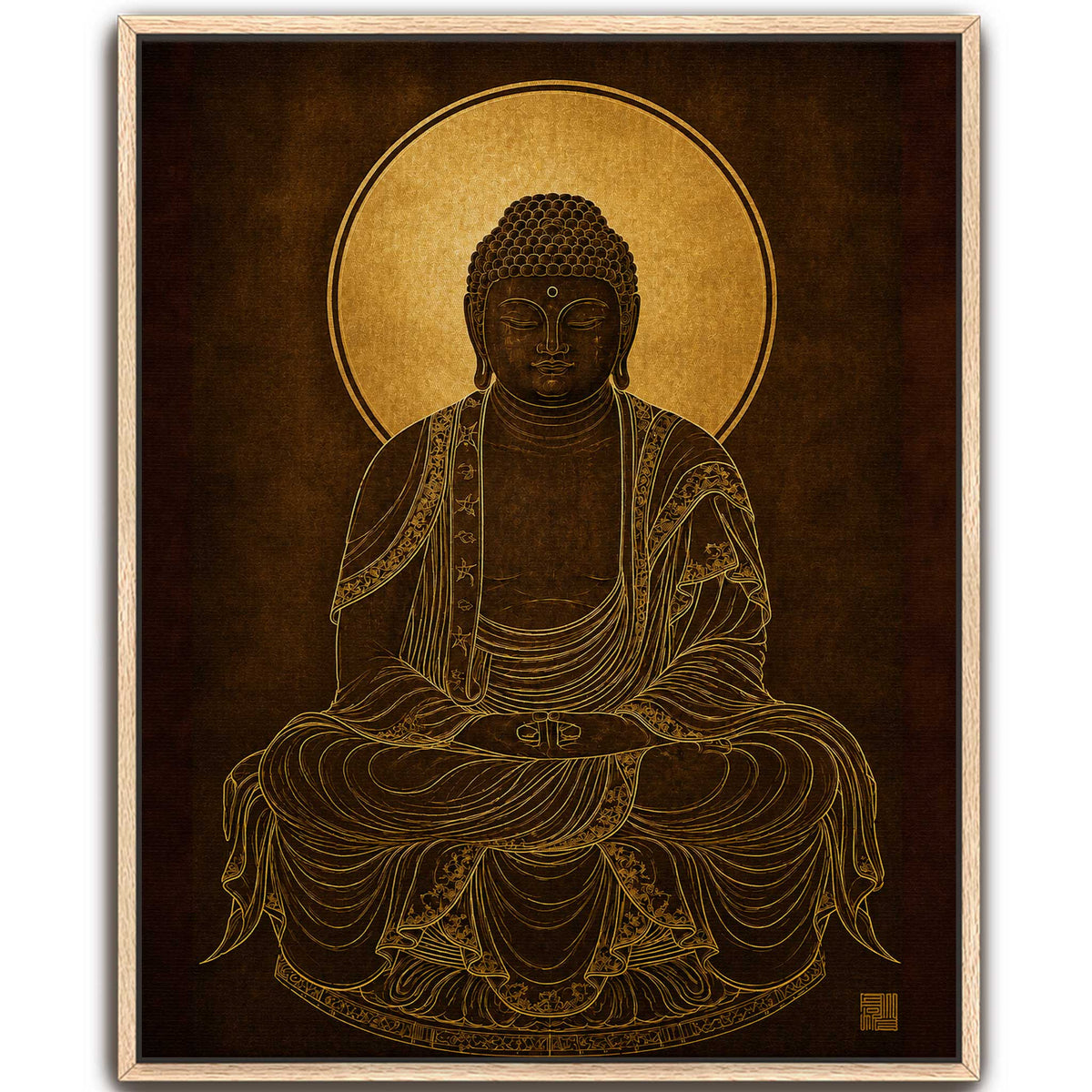 Modern black and golden yellow color meditating Buddha canvas wall painting for premium entrance wall decoration and Vastu placement.