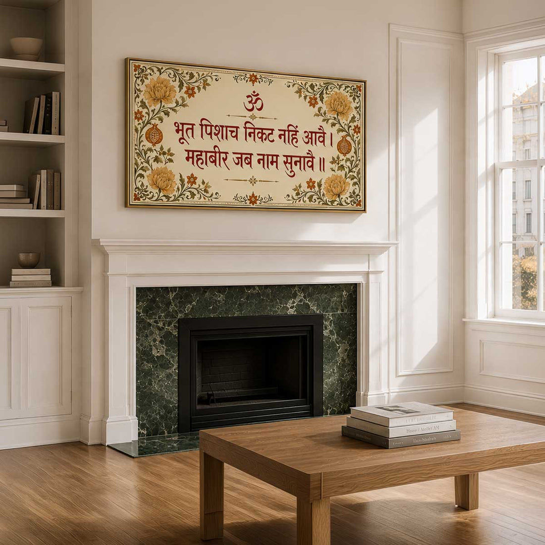 Hanuman Chalisa Verse 24 canvas wall art print crimson typography cream floral border