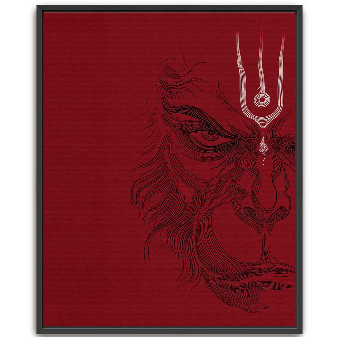 Luxury framed crimson red Lord Hanuman line art canvas painting, minimalist modern Indian fine art for luxury living rooms.