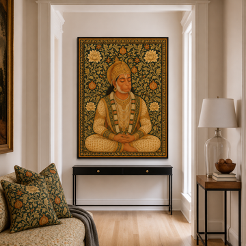 A framed wall art print depicting hindu god hanuman ji in dhyan mudra 