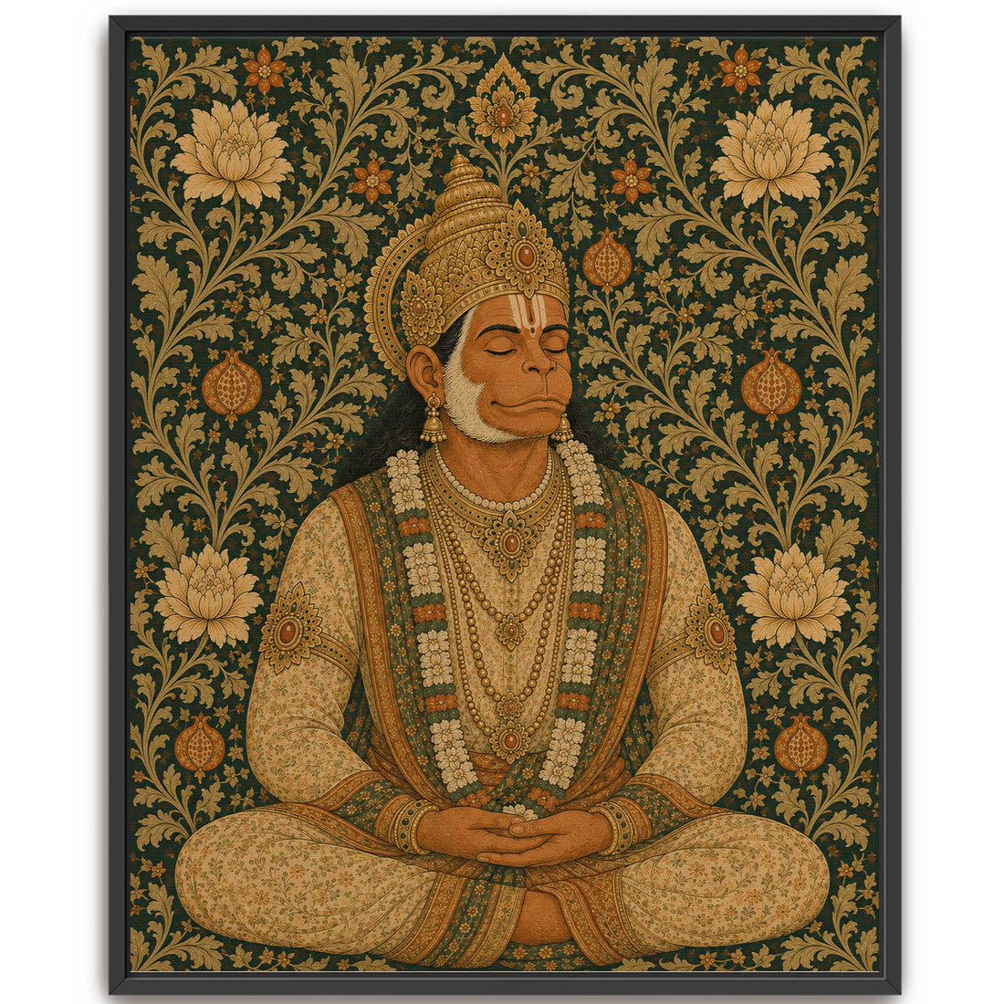 Meditating Hanuman wall art canvas print with a decorative pattern background for contemporary interior design.