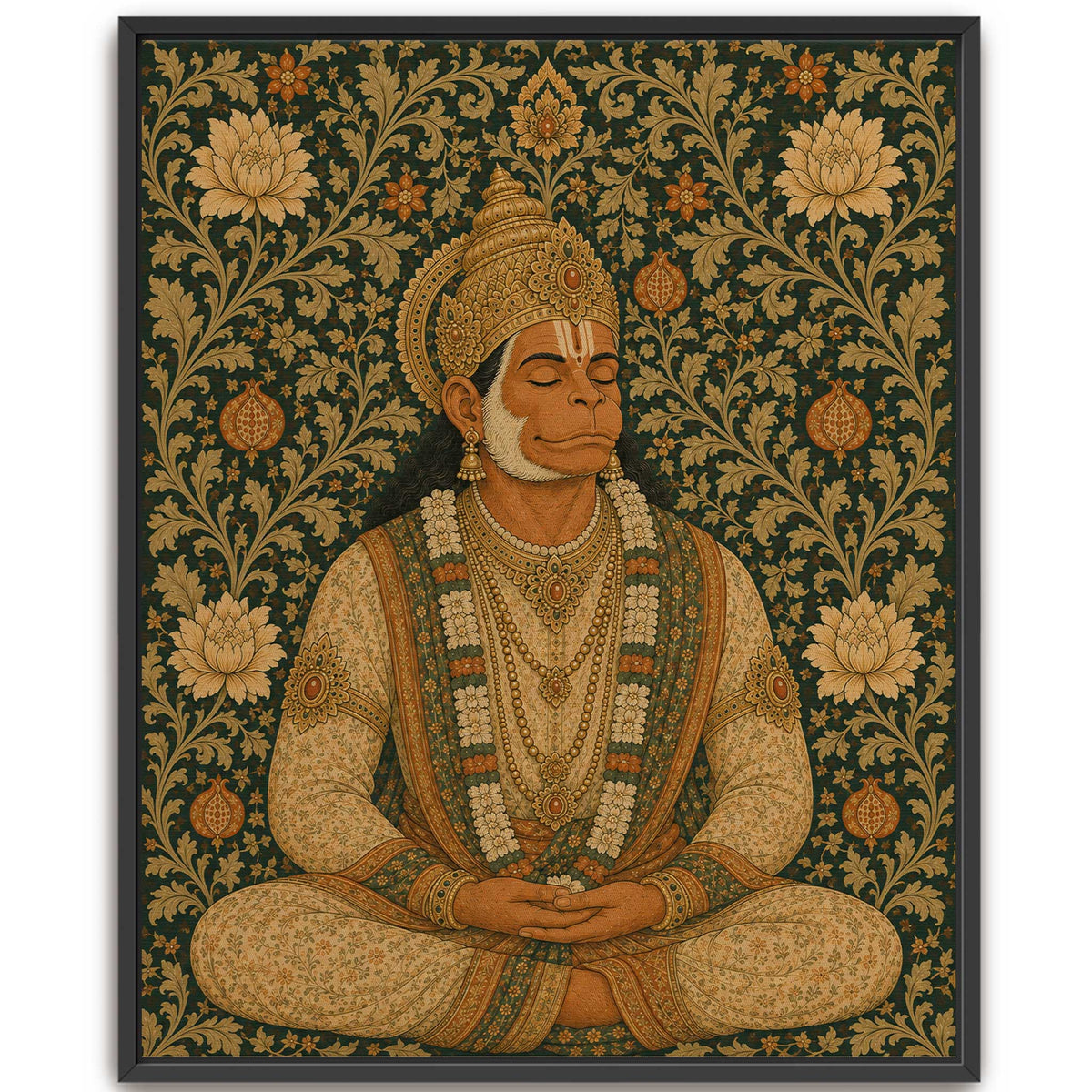 Meditating Hanuman wall art canvas print with a decorative pattern background for contemporary interior design.