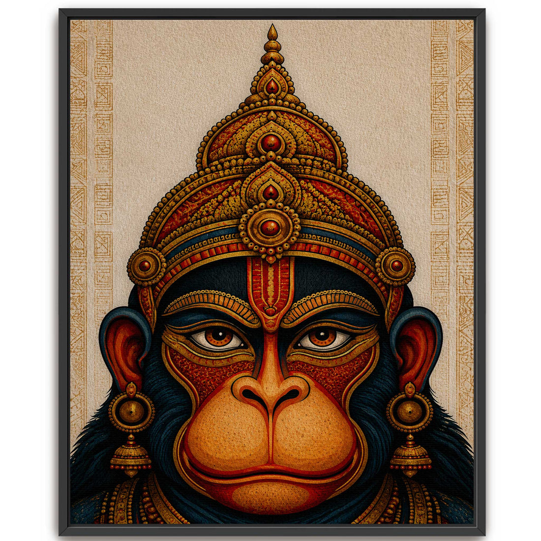 Lord Hanuman artwork canvas print with an intricate gold crown graphic for luxury minimalist home decor