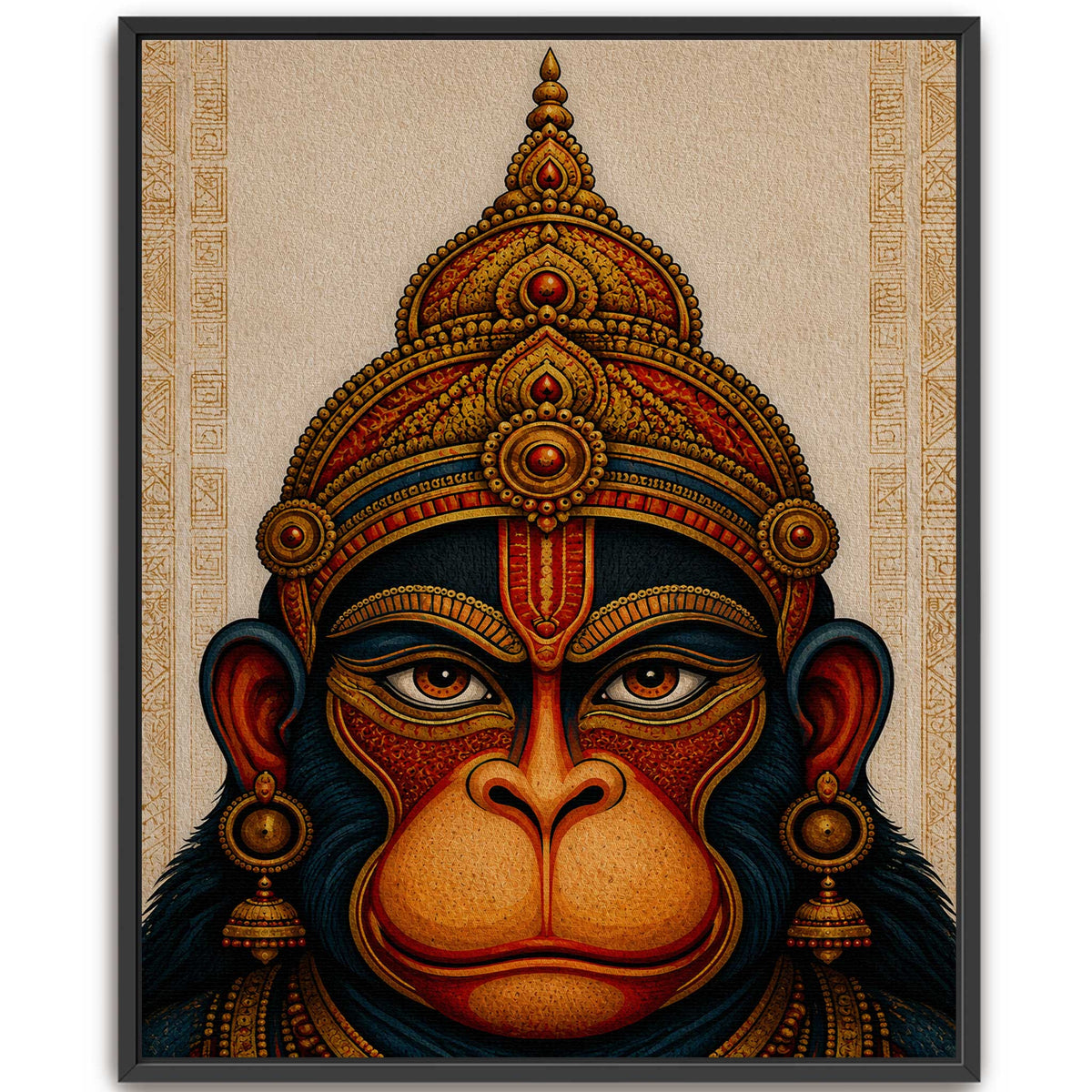 Lord Hanuman artwork canvas print with an intricate gold crown graphic for luxury minimalist home decor