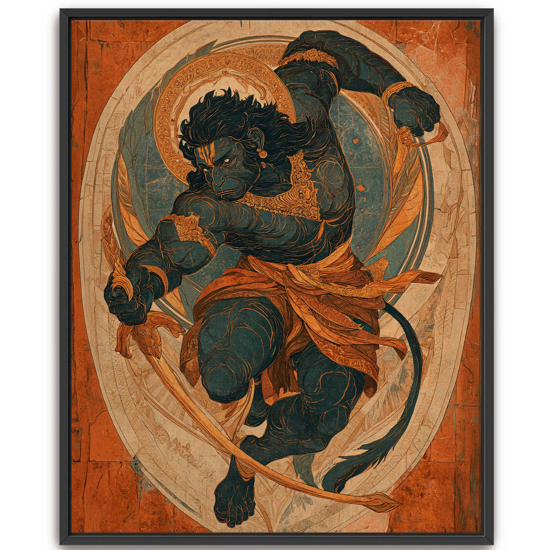 Modern Hanuman painting in a dynamic mid air action pose for premium Hindu god canvas art.