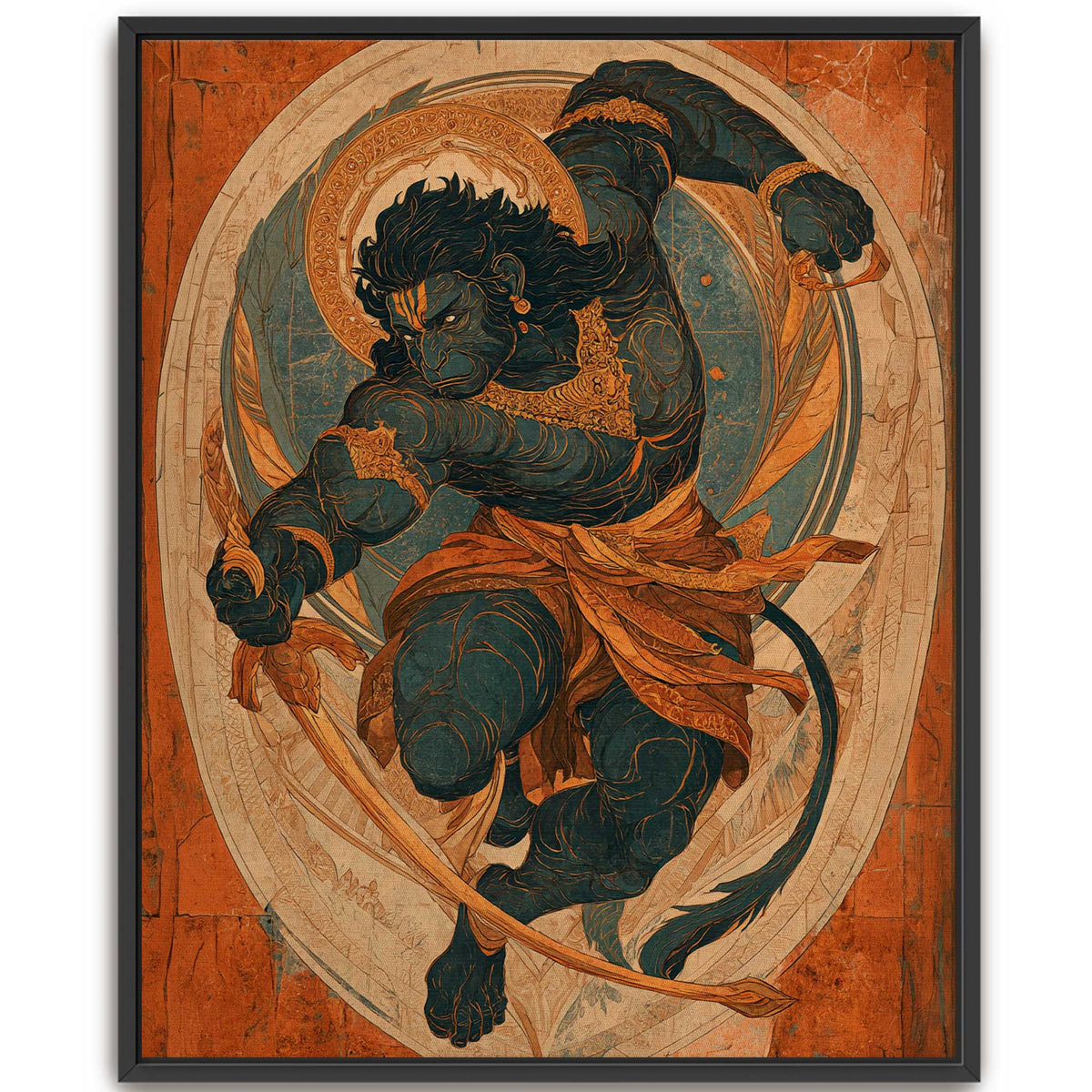 Modern Hanuman painting in a dynamic mid air action pose for premium Hindu god canvas art.