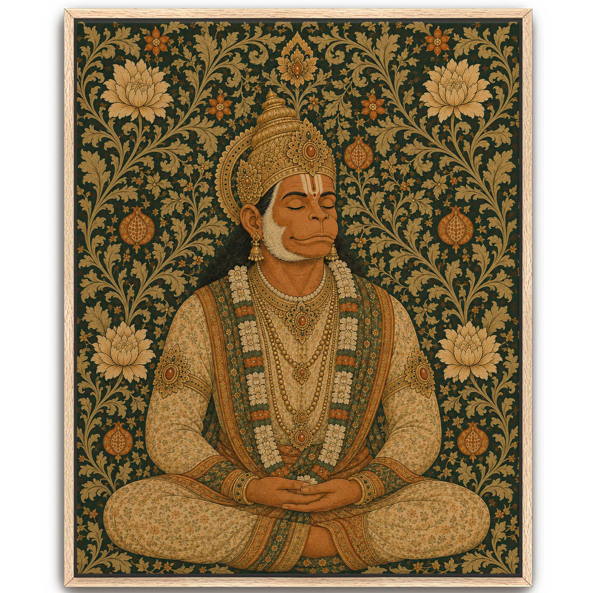 A framed art print featuring a traditional Indian-style illustration of Hanuman seated cross-legged against an ornate floral background. The artwork uses warm beige, gold, and brown tones on a dark green backdrop, with a light wood frame visible around the edges.