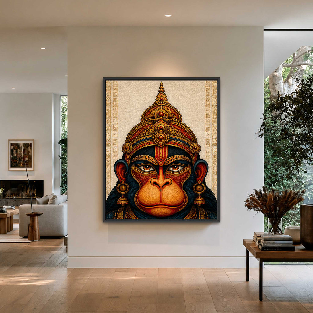 Lord Hanuman artwork canvas print with an intricate gold crown graphic for luxury minimalist home decor