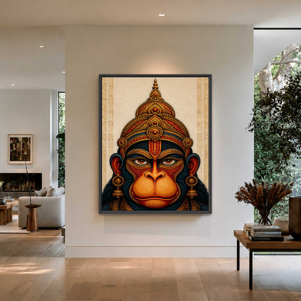 Lord Hanuman artwork canvas print with an intricate gold crown graphic for luxury minimalist home decor