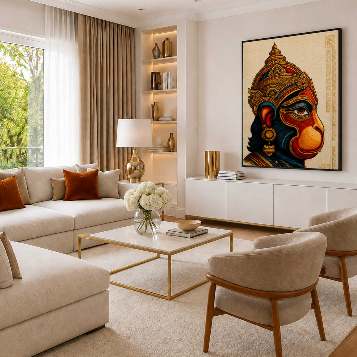 Lord Hanuman canvas wall art print featuring a premium graphic crown illustration for living room decor.