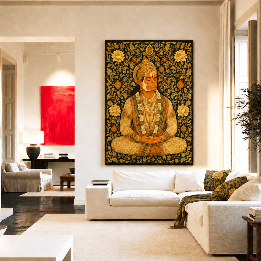 Meditating Hanuman wall art canvas print with a decorative pattern background for contemporary interior design.