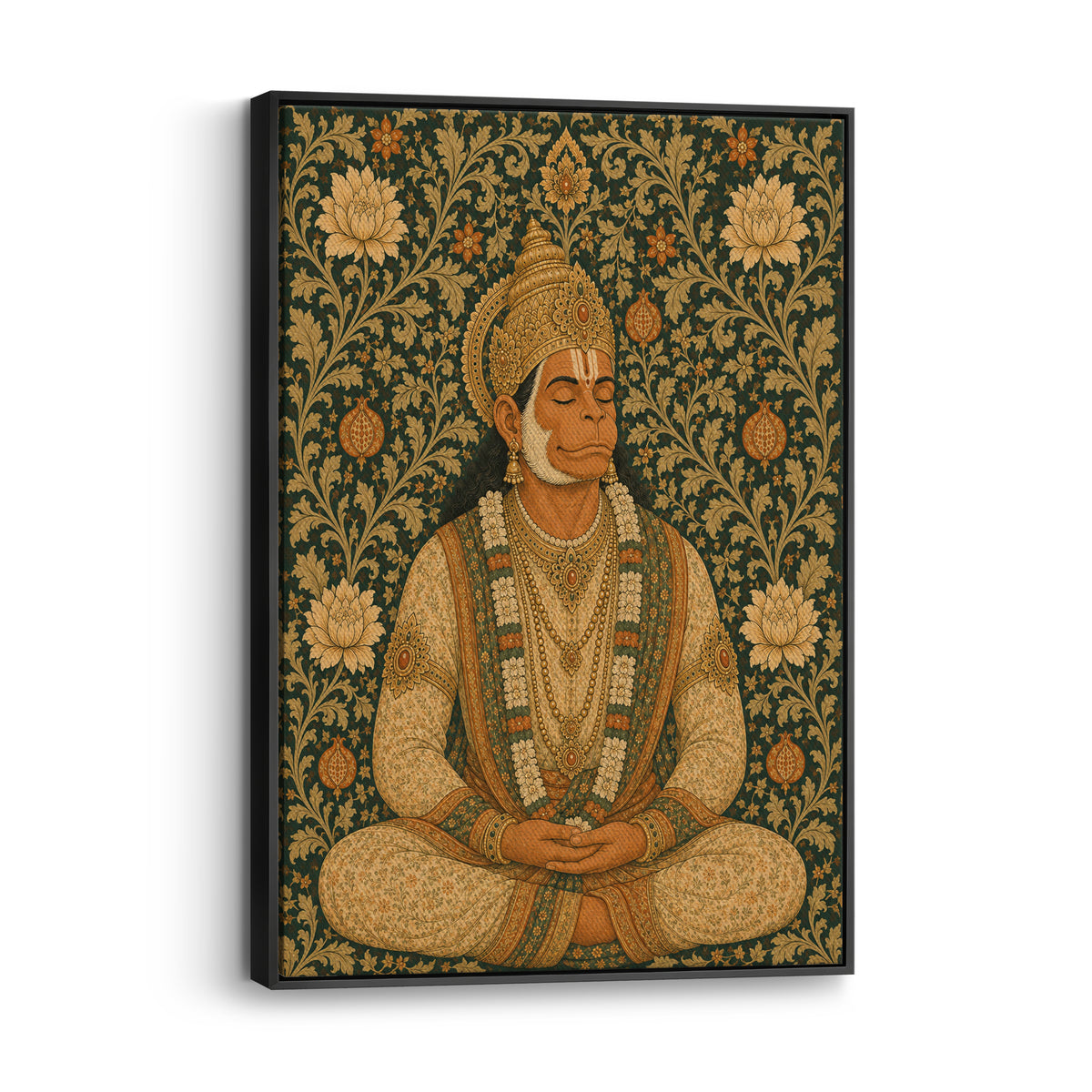 Meditating Hanuman wall art canvas print with a decorative pattern background for contemporary interior design.