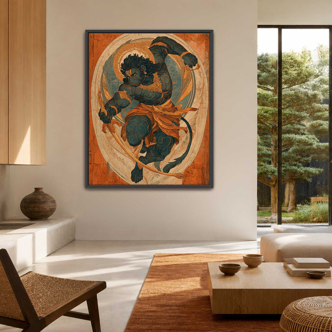 Modern Hanuman painting in a dynamic mid air action pose for premium Hindu god canvas art.