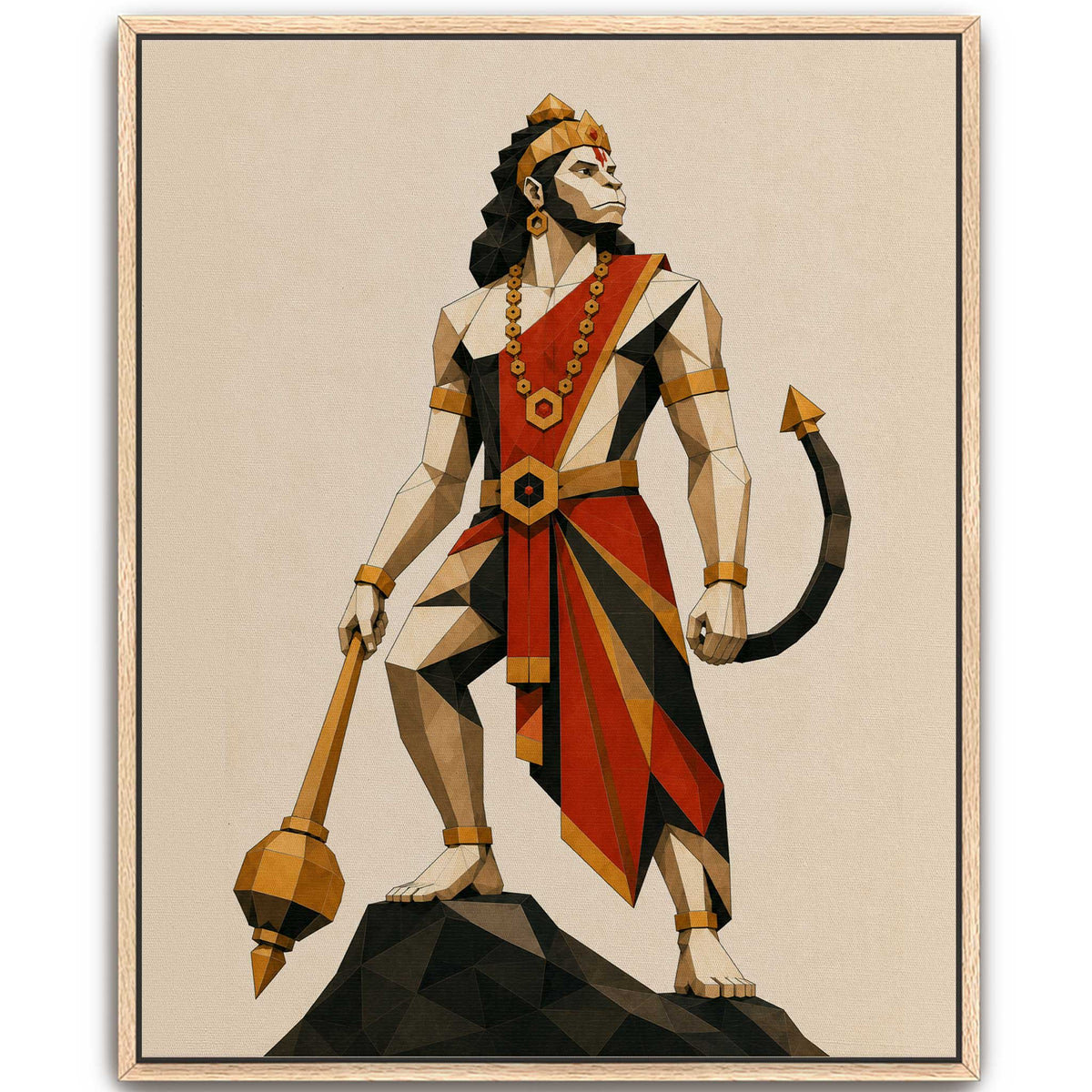 A framed art print featuring a geometric, low-poly style illustration of Hanuman standing on a dark rock, holding a mace, with a red, black, and beige color scheme.
