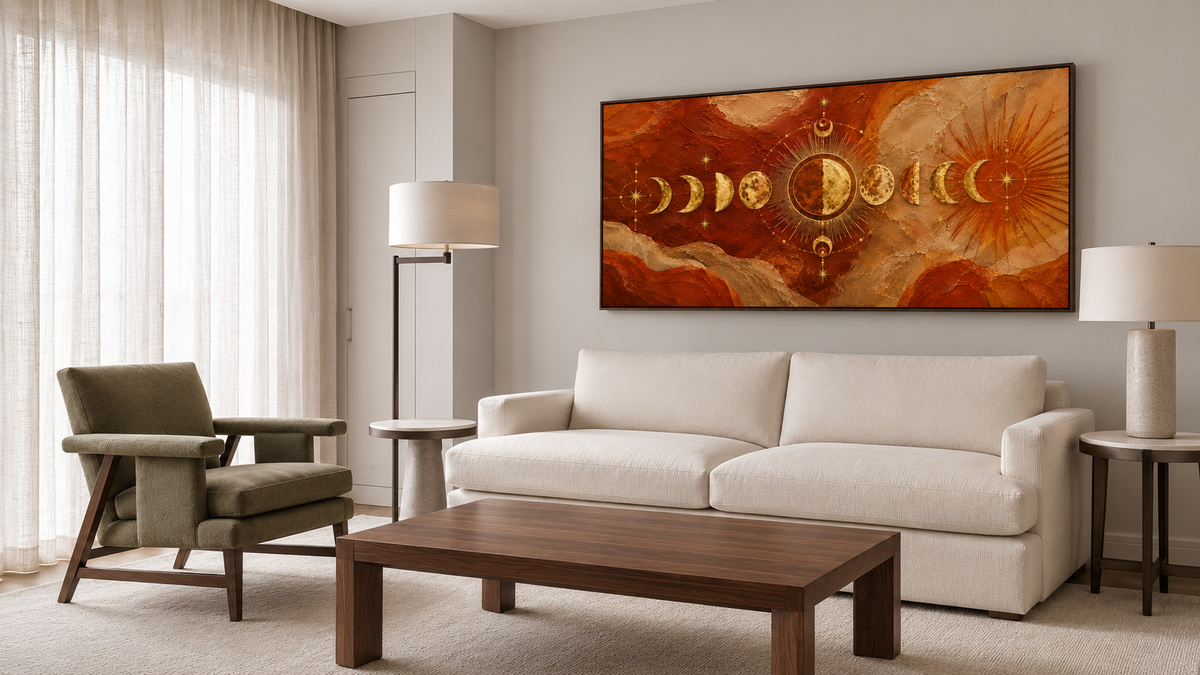 Large horizontal terracotta moon phase canvas painting with an abstract textured sun centerpiece hanging on a neutral living room wall above a cream sofa.slider_item_ckMULQ