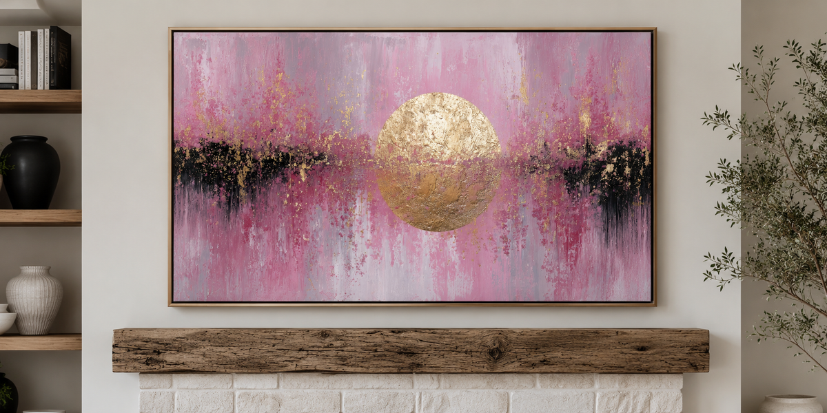 Large abstract pink and gold celestial canvas painting with a textured gold foil sun centerpiece slider_item_tDjUmK