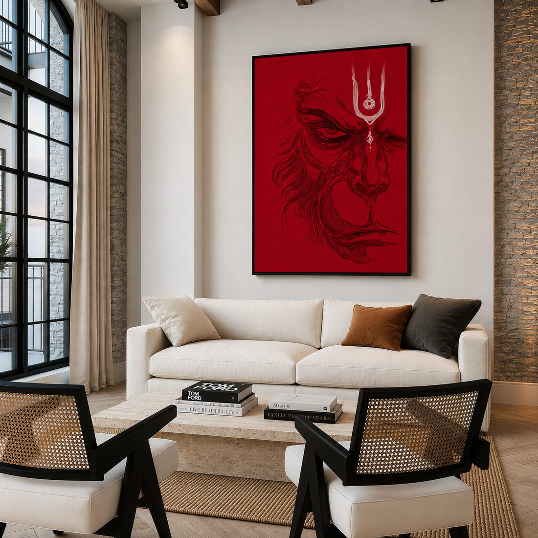 Luxury framed crimson red Lord Hanuman line art canvas painting, minimalist modern Indian fine art for luxury living rooms.