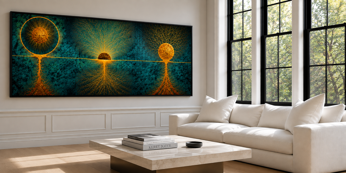 Large horizontal teal and gold abstract canvas painting depicting a modern three-panel tree of life and root system hanging in a bright living room above a white sofa.”slider_item_7rmPem